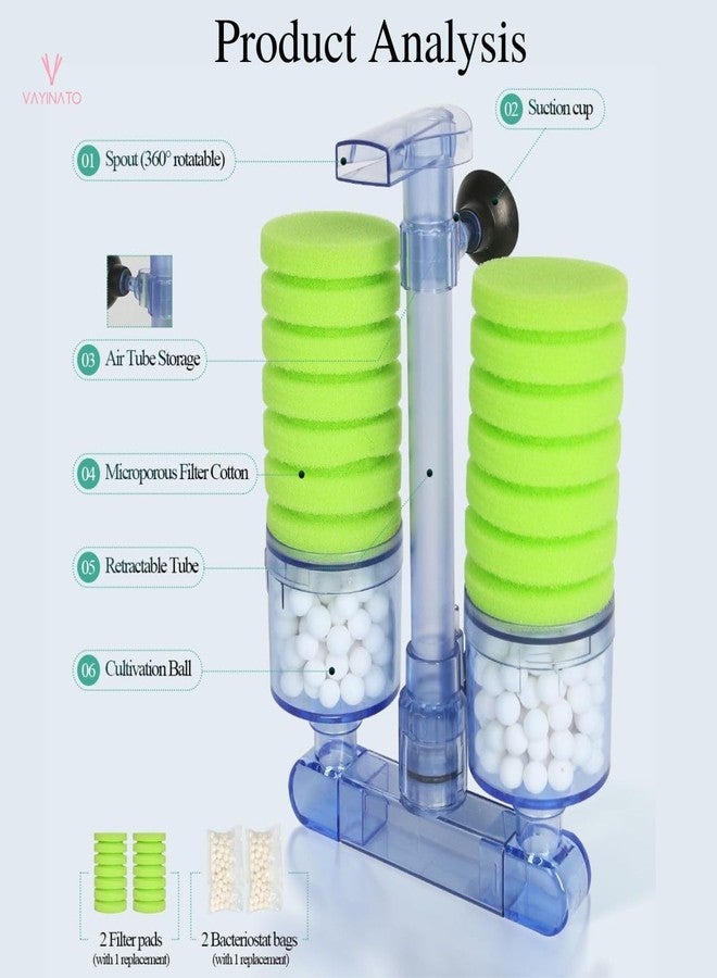 VAYINATO Xinyou XY- 2882 Ultra Quite Aquarium Double Head Bio Sponge Fish Tank Foam Filter-Green with Bio Ceramic Media Balls by Petzlifeworld - Image 3